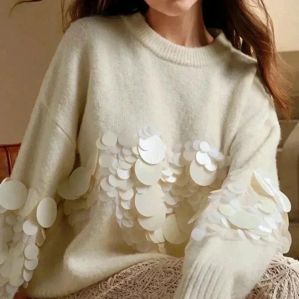 Apricot Casual Women's Handmade Beaded & Sequined Delicate Pullover Sweater